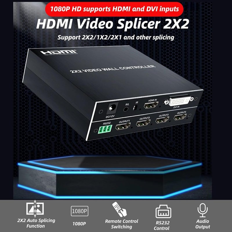 EIMSOAH 2x2 HDMI Video Wall Controller, Ultra HD 4 Channel DVI TV Wall Video multiviewer, 180° Rotating HDMI Splicing Display Processor with Remote for Laptop PC Computers, DVD Players(US) - Image 2